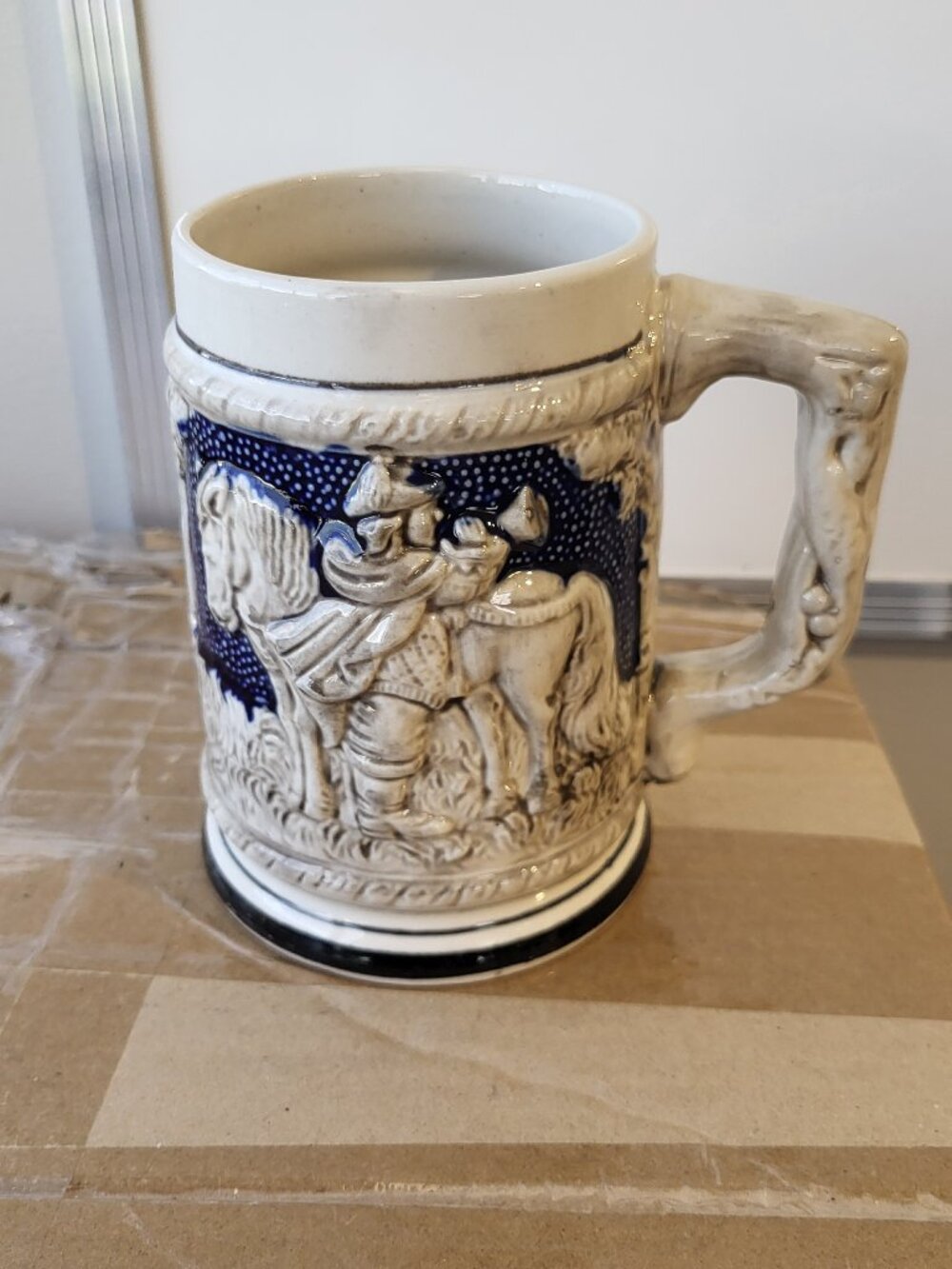 VINTAGE 3D CERAMIC BEER STEIN OLD WORLD CASTLE/HORSE RIDER MOTIF GOOD COND.